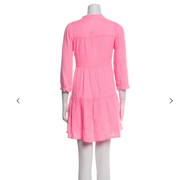 Honorine Pink Tie Neck Mini Dress XS Cotton A Line Tiered 3/4 Sleeve Boho Summer - Picture 4 of 5